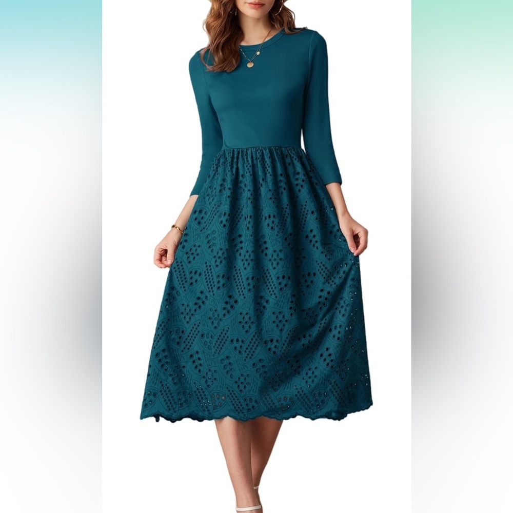 NWT Grace Karin Blue 3/4 Sleeve Eyelet Dress, S